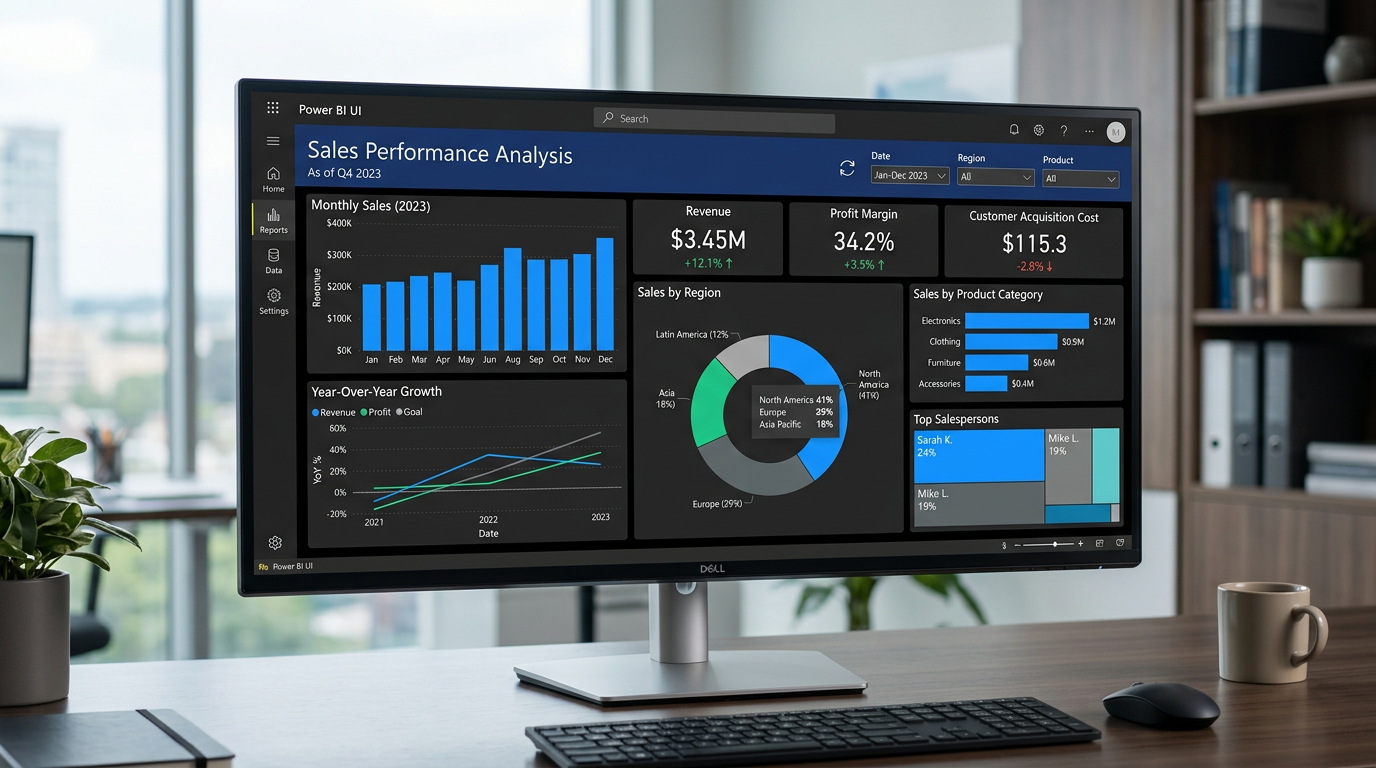 Dashboard de Power BI con gráficos de ventas y análisis